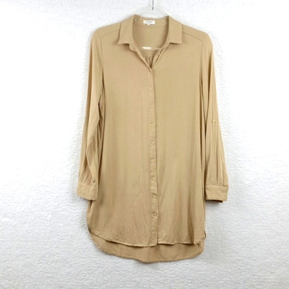 Kilky Paris Tan Button-Up Tunic Blouse, Women's Size Lg - Picture 2 of 8